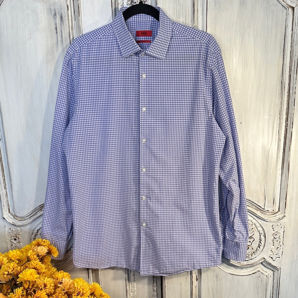 Men's Hugo Boss Sharp Fit Blue and Lavender Checkered Button Down Dress Shirt